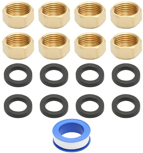 Durable Brass Blanking Cap 1/2 Inch, 8 Pcs Radiator Valve Caps with 8 Tap Washers, Hex Brass Female Blanking Stop Cap, No Leaks Plumbing Fittings for Washing Machine Radiator Valve Faucets Tap