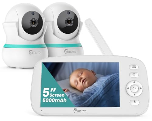 CAMSTRO Babyphone mit 2 Kameras, 5000 mAh Akku mit 5 Zoll Bildschirm, 355° Schwenken- 4X-Zoom, Babyfone ohne WLAN, 2 Wege Audio, Weinen/Geräuscherkennung, 5 Schlaflieder, Nachtsicht, Temperatur