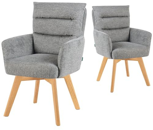 DUBI Möbel Esszimmerstühle 2er Set 360° drehbar mit Taschenfederkern, hoher Sitzkomfort, bis 150 kg belastbar, abriebfester Stoff Grau, Eiche Massivholzgestell geölt (Natur), Mika-Joni