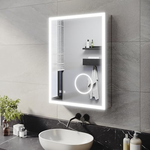 ELEGANT Bathroom Mirror Cabinet with Lights & Shaver Socket, 500 x 700 mm | Fully Assembled, 3 Colors Dimmable, Anti-Fog, 3x Magnifier, Adjustable Shelves, Aluminium, Recessed or Wall Mounted Cabinet