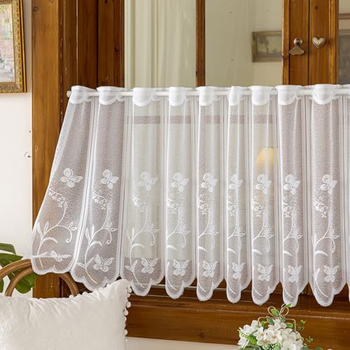 Tolldek Scheibengardine Voile Kurz Bistrogardine, 1 Stück Spitzenvorhänge mit Schmetterling Transparent Jacquard Gardine Kurze Stickerei Vorhänge, Küchengardinen mit Gebogter Kante (BxH 100 x 60cm)