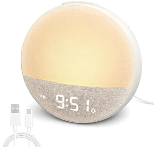 Blomise Tageslichtwecker Lichtwecker, Sonnenaufgang Wecker mit Wake Up Light, 11 Lichtfarben, 30 Beruhigenden Klängen, 7 Alarmtönen, 10 Helligkeitsstufen, Bluetoothfunktion & Snooze für Schlafzimmer
