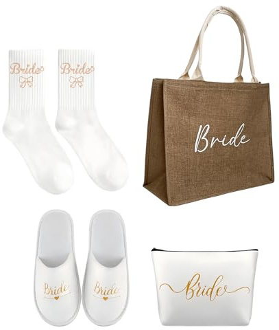 4 pezzi Set di regali per sposa Accessori JGA per donne Borsa in juta con borsa per cosmetici, pantofole, calzini, Borsa cosmetica Bride To Be JGA Borsa in juta per JGA, matrimonio, festa in spiaggia
