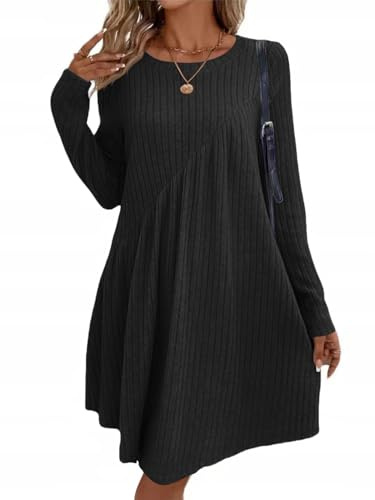 Sukiglam Robe Pull Femme Automne Hiver Elegant Robes à Manches Longues Col Rond Ample Robe Casual Courte Coupe Trapèze Base Tunique Décontractée Chic Robes Mini Ligne A pour Quotidien Bureau Soirée