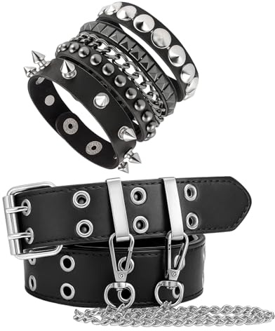 JcvPot 4-teiliges Set mit Nieten und Kette, Schwarz, 110 cm Länge und 3,3 cm Breite, Emo Gürtel mit robustem Design
