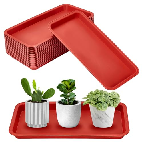INTERWARM 22 Stück Rechteckige Pflanzuntersetzer Große Tropfschalen Aus Kunststoff Für Pflanzen Zum Bewässern Untersetzer Für Blumentöpfe Für Den Innenbereich(Indisches Rot) 33x17x2.1cm
