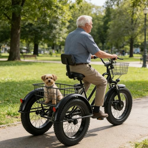 Bicicleta de Carga eléctrica para Adultos con 3 Ruedas, Carga máxima de 200 kg, neumáticos Anchos de 20, batería extraíble de 48 V/12 Ah, autonomía de 35 km, Ideal para Compras y picnics.