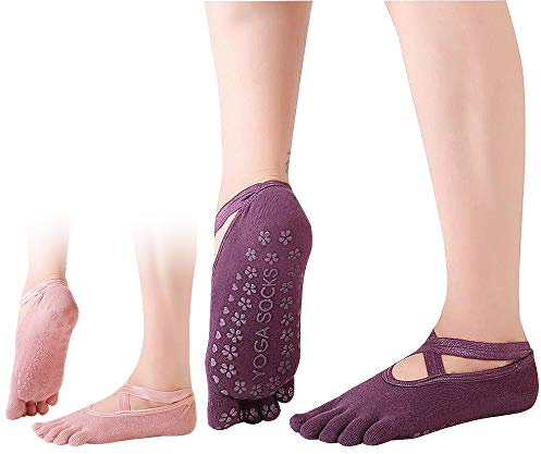 2 Paires de Chaussettes Pilates Chaussettes de Yoga Antidérapantes avec Poignées pour Femmes Chaussettes en Coton pour Pilates/Yoga/Ballet/Danse/Entraînement/Fitness/Trampoline 36-43