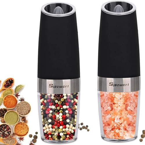 Sjpzwcrl Molinillo Pimienta Electrico Sal y Pimentero: - Molino Para Moler Especias por Batería con luz LED Salero de Grosor Ajustable Molinillo Sal y Pimienta de Gravedad Automático 2 PCS (Negro)