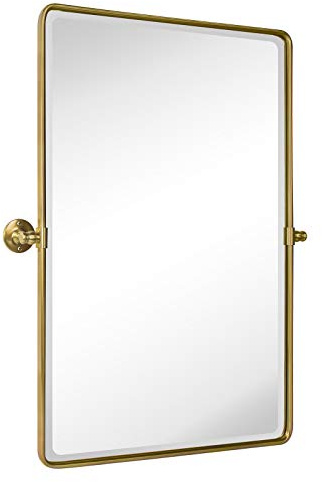 TEHOME Gold Pivot Rectangle Bathroom Vanity Mirrror Farmhouse Tiltable Rounded Metal Framed Pivoting Bathroom Mirror with Beveled Mirrror, Overall 26.91 x 35 inches (Mirrror 23 x 35 inches)