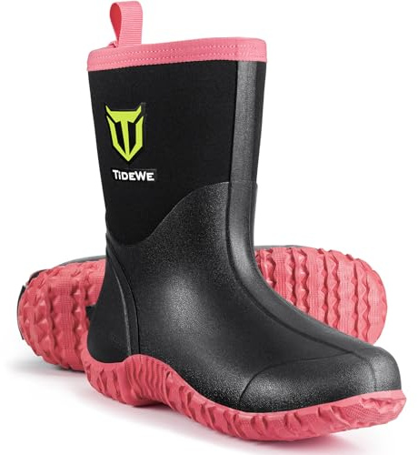 TIDEWE Rubber Boots for Women with Steel Shank, 6mm Neoprene Waterproof Insulated Mid Calf Rain Boots, Sturdy Hunting Work Boots for Farming Gardening Fishing (Black Size 10)