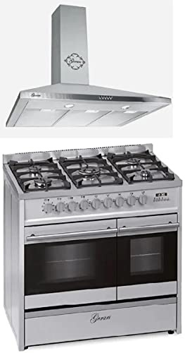 GURARI Gas elektrisk stående spis GCH E 916 X+ GCH C 147 IS 9, 90 cm/räckvidd/89 l/8 funktioner/naturgas/propangas/rostfritt stål/inkl. WOK-adapter + köksfläkt 90 cm 1000 m³/h