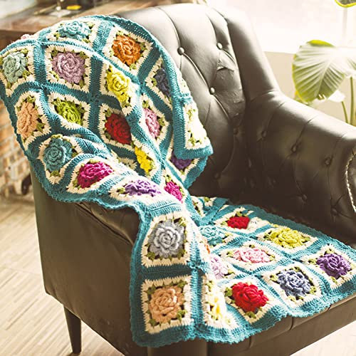 V&U Manta de Ganchillo para sofá,Manta de Tiro Tejida a Mano,Manta Sofá Decorativa Boho,Manta Cama Tejida con Flores Coloridas para Reclinable Comforter Travel(75x48cm(30x19inch), Blue)