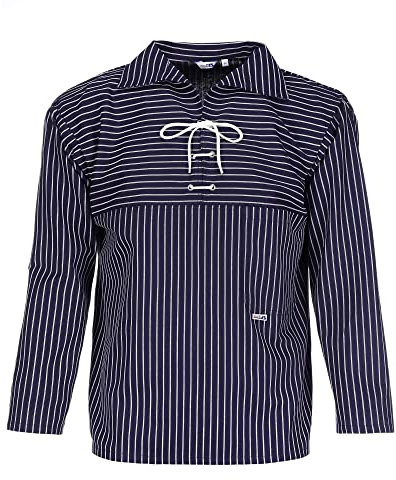 modAS Unisex Original Takelhemd mit V-Ausschnitt mit Kordelschnürung - Maritimes Fischerhemd mit Brusttasche mit Breiten Streifen in Blau Größe Damen 58 - Herren 64