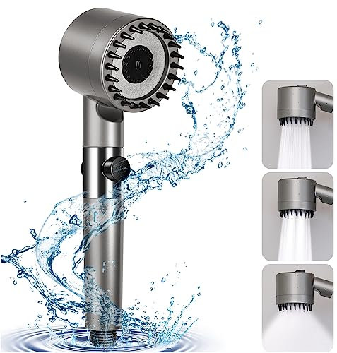 Homradise Water Saving Shower Headset, Shower Head with Handle, Filter, Stop Function, Shower Head with 3 Types of Stream (Silver 1)