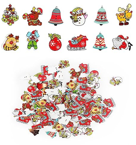 Bekecidi 100 Stück Weihnachtsknöpfe, gemischte Holzknöpfe, Weihnachtsbastelknöpfe, Weihnachtsbaum, Schneemann, Weihnachtsmann, Rentier, Knöpfe zum Nähen, Basteln, Stricken, DIY-Geschenk,