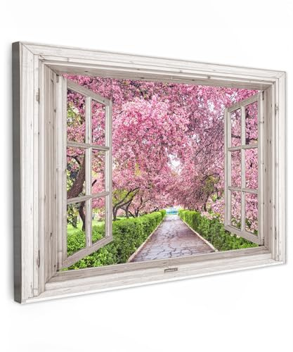 MuchoWow© Impression sur Toile Decoration Murale Peinture Tableaux | 90x60 cm - Decoratifs Muraux Décoration Chambre Japonais - Sakura - Fleur - Arbre - Branches fleuries - Vue de la fenêtre