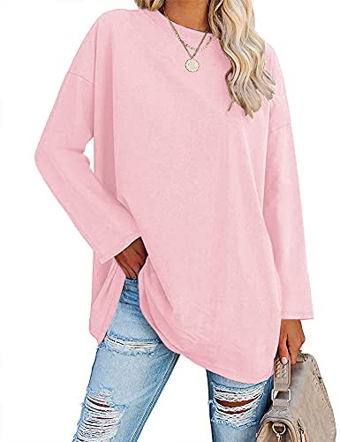 Ebifin Oversize T Shirt à Manche Longue Femme Col Rond Surdimensionné Pull Tee Shirt Long Tunique.