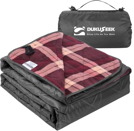 DUKUSEEK Large Camping Blanket - Waterproof, Quilted, Extra Thick Fleece, Warm, Windproof, Wearable, Includes Foldable Hood and Stuff Sack for Car, Outdoor Sports, Picnics, Stadiums, Dogs…