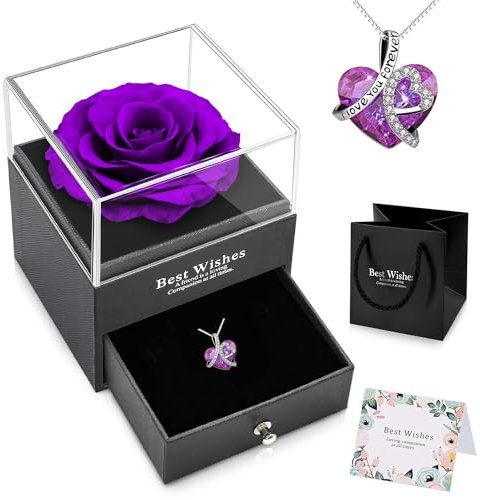 NEWUPZSI Rosa Eterna Rosa Roja Real Eterna con Collar Caja De Regalo Flores Preservadas Regalo de Cumpleaños de Aniversario para Regalos San Valentin,Dia de la Madre