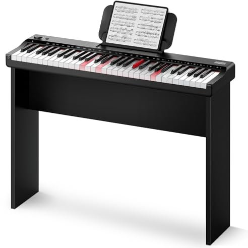 Donner DK-10S Digital piano 61 Tasten klavier mit beleuchteter Tastatur für Anfänger e piano- Tragbar, 5h Akku, 500 Sounds, inkl. Holzständer & Lern-App - Schwarz
