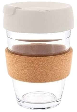 Reusable Glass Coffee Cup/Travel Mug with Lid - Heat Resistant Sleeve Surround Eco Friendly with Plugged Removable Lid (Cream Cork)