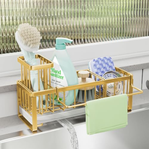 SWTYMIKI Kitchen Sink Caddy Organiser - Sink Tidy Organiser with Auto Draining Tray, Brush Holder, Stainless Steel Sponge Holder with Divider for Countertop Kitchen Storage & Organisation, Gold