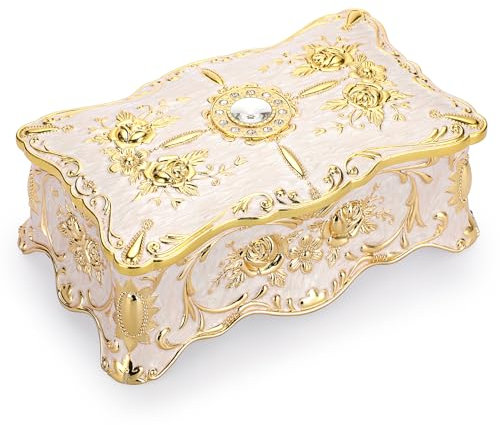 IGNPION Vintage Jewelry Holder Box Ornamental Jewelry Display Case for Ring Necklaces Earrings Storage, Large Metal Trinket Organizer Box (Beige, XXL)