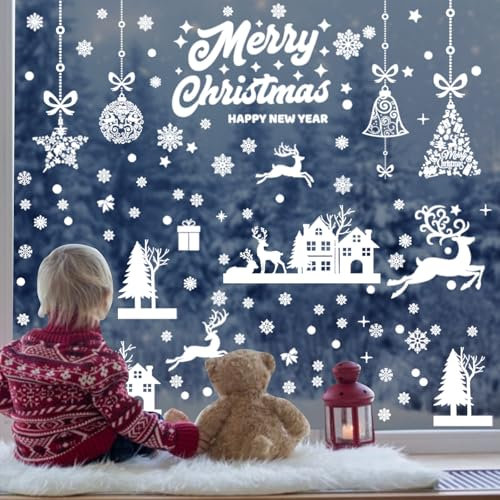 ARONRAVE Fensterbilder Weihnachten, 115 Stück Weihnachtsdeko Fenster Selbstklebend Schneeflocken Fensterdeko Wiederverwendbare Fenster Aufkleber Für Weihnachten Fenster Deko