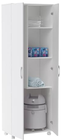 Buyqualia Armario Escobero Multiusos Dos Puertas, Ruedas, Color Blanco (Alto 183 / Ancho 72 / Fondo 41) Cm