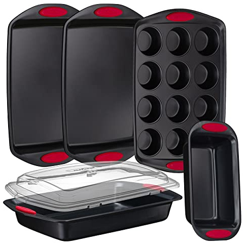 NutriChef 6-Piece Baking Pan Set - Carbon Steel Stackable Bakeware with Red Silicone Handles & Nonstick Coating, Includes Cookie Sheets, Roaster Pan with Lid, Loaf Pan, and 12 Cup Muffin Pan (Black)