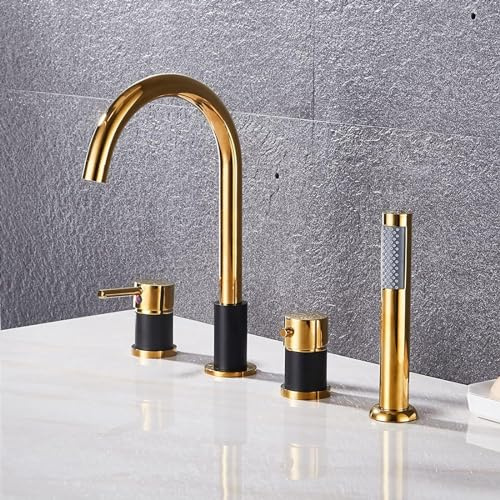 Generisch Badewanne Armatur 4 Loch Badewannenarmatur mit Handbrause Einhebelmischer Brausebatterie Modern 360° Drehbar Dusche Badewannenarmaturen Set Schwarz + Gold