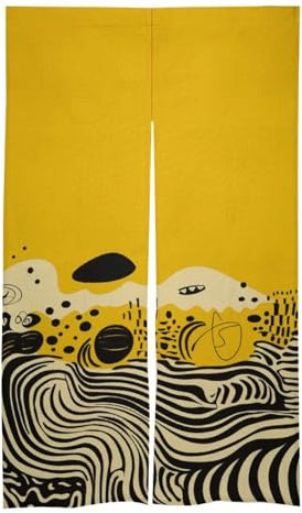 [Size: 17W X 56L Inches] White Hemp Mustard Yellow and Black Printed Door Curtain Splice - Energy Saving & Easy Installation for Various Rooms
