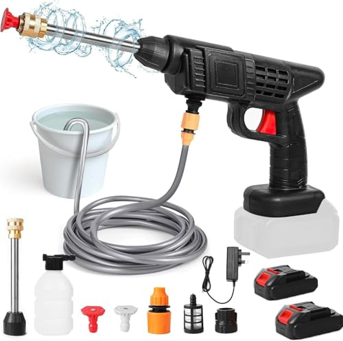 Nettoyeur Haute Pression sans Fil, 6000mah Pistolet à Eau pour Lavage De Voiture à Domicile éLectrique Pistolet à Eau Haute Pression pour Lavage De Voiture, Tuyau 5m, Batterie (2*Batterie)