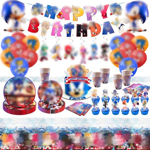 103Pcs Birthday Party Tableware Set for Kids, Cartoon Birthday Decorations Include Banner, Balloon, Plates, Tablecloth, Napkins, Cake Topper, Hanging Swirls, Party Supplies for 10 Guests Boys Girls