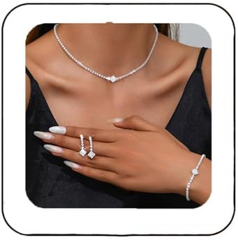 Calkkrer Silbernes Hochzeit Schmuck Set, Funkelnde Strass Kette, Ohrringe und Armband, Brautschmuck Set für Damen, Elegantes Schmuck Set Silber, Kette Strass Brautschmuck