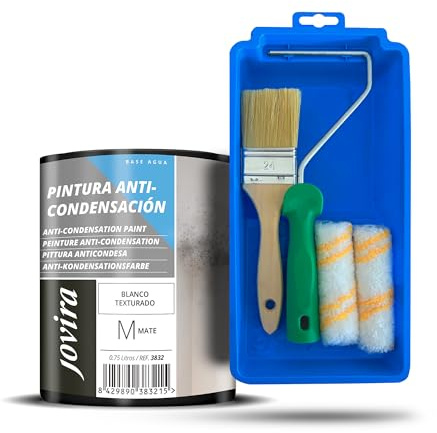 JOVIRA PINTURAS Pintura Anticondensación, Antihumedad antimoho exterior-interior + Minicubeta, 2 Mini Rodillos Antigota, Varilla y Paletina (750 Mililitros, Pintura + Minikit Paredes) C-6-K