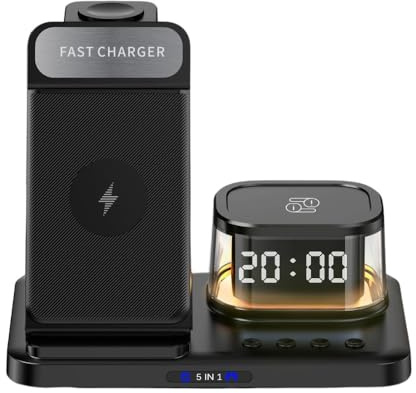 5-in-1 Folding 15W Fast Wireless Charger Dock with LED Lamp & Clock for iPhone 16/15/14/13/12/11, Samsung Galaxy S25/S24/S23/S22/S21, Galaxy Buds, and Smartwatch, Desk Lamp & Alarm Clock
