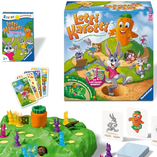 Ravensburger Lotti Karotti, Gesellschaftsspiel für Kinder und Erwachsene, 2-4 Spieler, ab 4 Jahren, inklusive Lotti Karotti Quartett Kartenspiel, Amazon Sonderedition