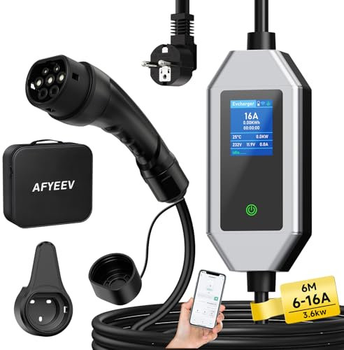 AFYEEV Cavo Ricarica Auto Elettrica Tipo 2 Schuko 3,68 kW, 6 m, 6 – 16 A, 1 Fase, Cavo Ricarica Auto Elettrica con Display Digitale, Ricarica Ritardata Per 1 – 15 ore e Corrente Regolabile