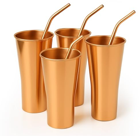 2actielife Lot de 4 gobelets en cuivre pur avec 4 pailles en cuivre pur fabriquées à la main à partir de tasses 100 % pur - Idéal pour la maison, le bureau, les cadeaux et les fêtes - Capacité : 300