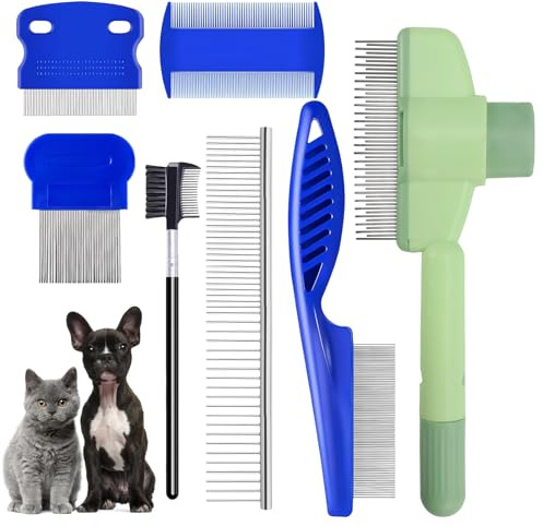 QGGTQG Selbstreinigender Flohkamm und Fellpflegebürste 7 Stück Katze Hund Flohkamm Edelstahl-Metallzahnkamm Läusekamm mit AuslöSeknopf für Entfernt Knoten und Lose Haare (Siebenteiliges Set)