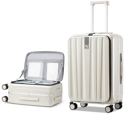 Hanke Koffer Mittelgroß PC Hartschalenkoffer mit 360° Spinner Silent-Räder Frontöffnung Reisekoffer Aluminium Koffer mit TSA-Schloss 66cm(88L), Elfenbein