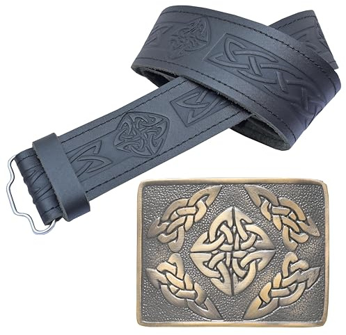 Kilt-Gürtel und Schnallen-Set – Keltischer geprägter Leder-Kilt-Gürtel mit handgefertigter Zinnschnalle mit keltischem quadratischem Design, perfekt für schottische Herren-Kilts