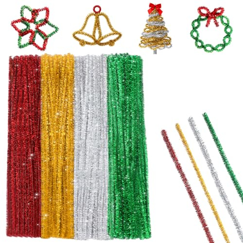 Shining She Glitzer Pfeifenreiniger, 200 Stück Pfeifenputzer zum Basteln Glitzer, 4 Farben Rot Grün Golden Silber Chenilledraht, Pfeifenreiniger Weihnachten Dekoration DIY Basteln Weihnachtsdeko