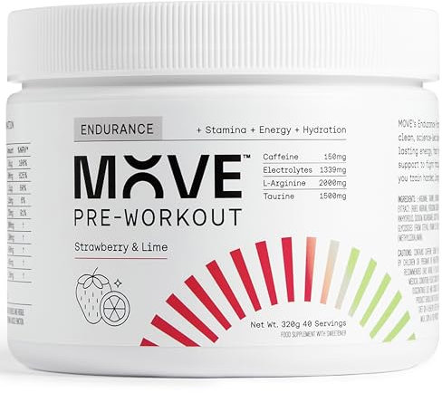 MOVE Pre-Workout Powder Endurance Formula for Men & Women, Beta Alanine Free Preworkout with Electrolytes, Taurine, & L-Arginine. 30 Servings, Informed Sport Certified (320g, Strawberry & Lime)