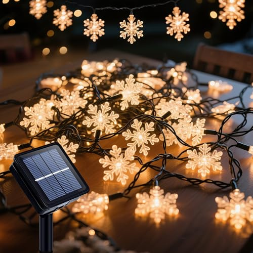 Ninonly Catena Luminosa Esterno Solare, 7M 50 LED Fiocco di Neve Lucine Led Decorative, 8 Modalità Luci di Natale Impermeabili, Addobbi Natalizi per Balcone Matrimonio Feste