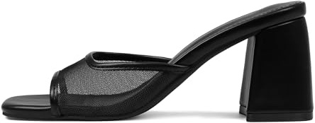Mattiventon Black Summer Heels Heeled Sandals for Women Mesh Slide Sandals Square Open Toe Mules Chunky Heels Slip On Dress Shoes