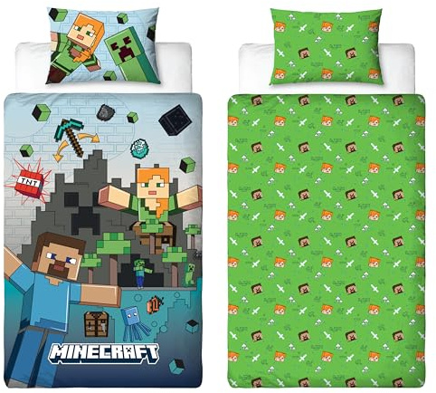 Set copripiumino singolo ufficiale del film Minecraft di Character World | Set di biancheria da letto reversibile a 2 lati con design Levels, inclusa federa coordinata | Set per letto singolo
