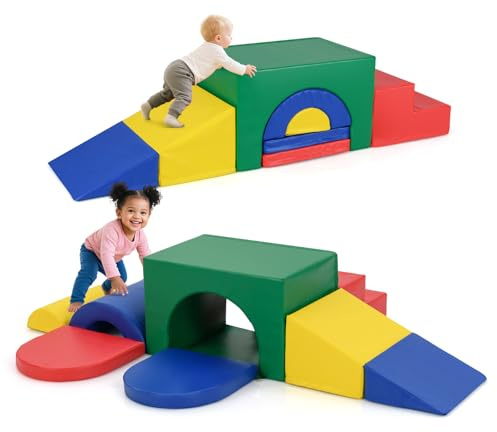 COSTWAY 7 teilige Schaumstoffbausteine, Softbausteine aus PU zum Krabbeln, Klettern & Rutschen, Riesenbausteine aus Schamstoff, Großbausteine XXL Indoor für Kinder ab 1 Jahr (Grün)